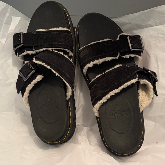 Dr. Martens Black Shearling-Lined Slide Sandals with Yellow Stitching - Picture 2 of 5
